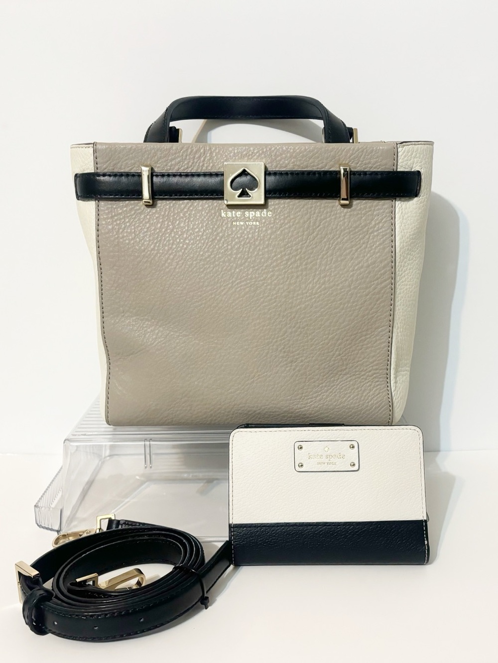 Kate Spade Crossbody Purse & Wallet Set Adjustable Strap Taupe/Cream/Black Bag